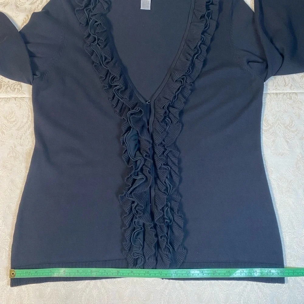 Chico’s Ruffled Black Dressy Cardigan Sweater Size 2 V-Neck Very Soft